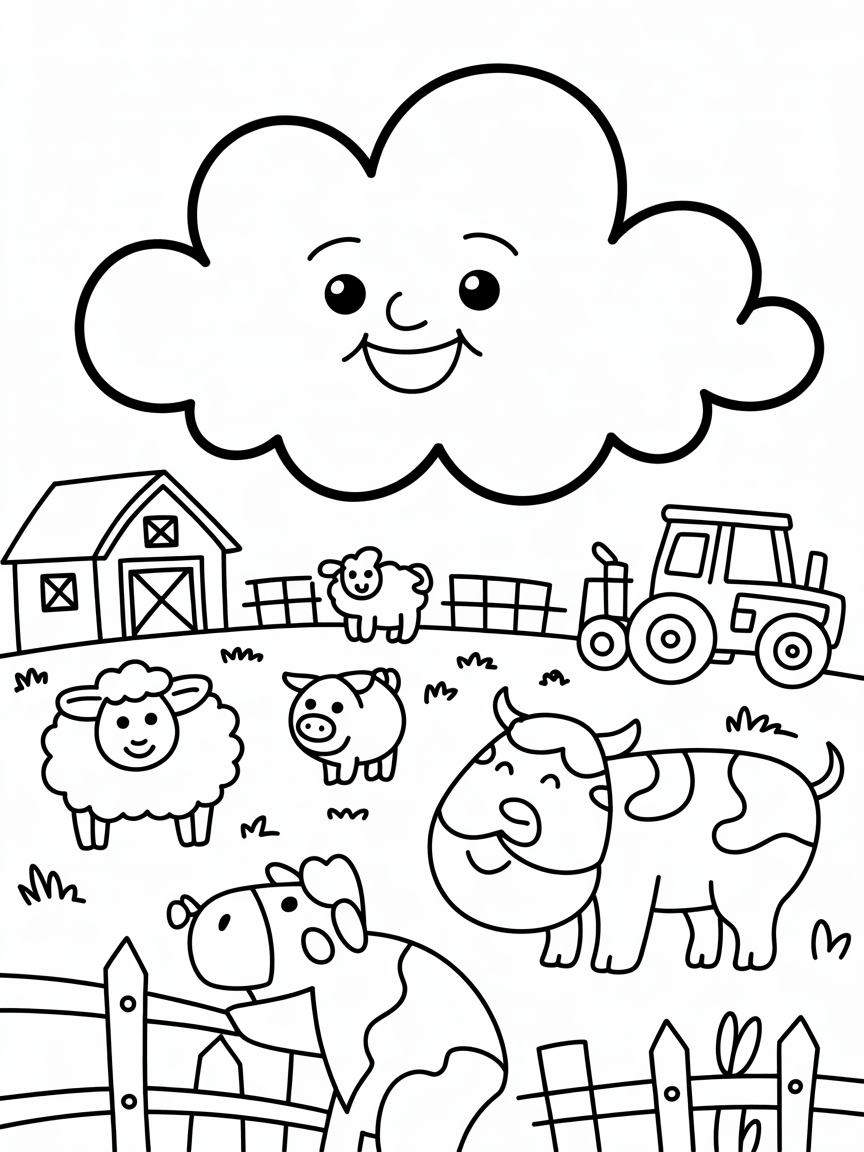 Smiling cloud flying over farm where there is a sheep, a pig, a dog and a cow. - Free Coloring Page