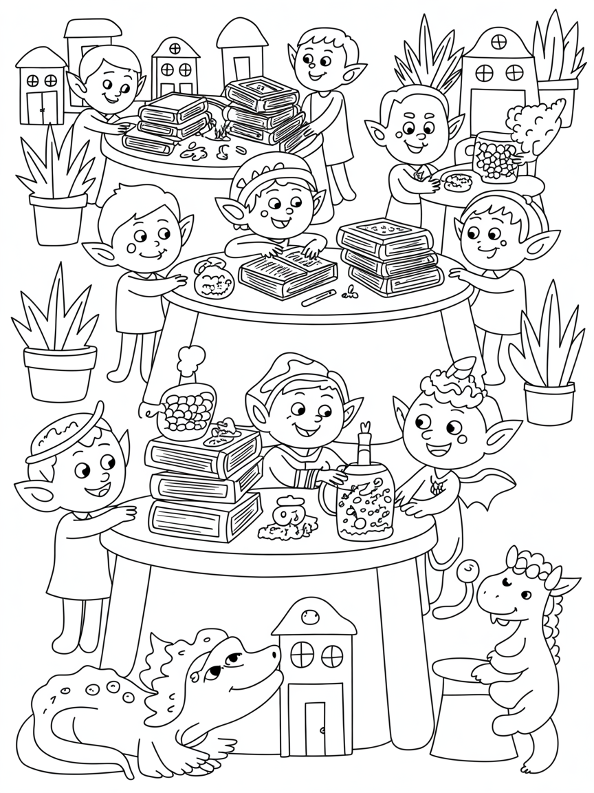 School of magic with fantastico créatures, pupils, books, plants, bookshelves, elfs, dorms, a happy place with magic and mystery - Free Coloring Page