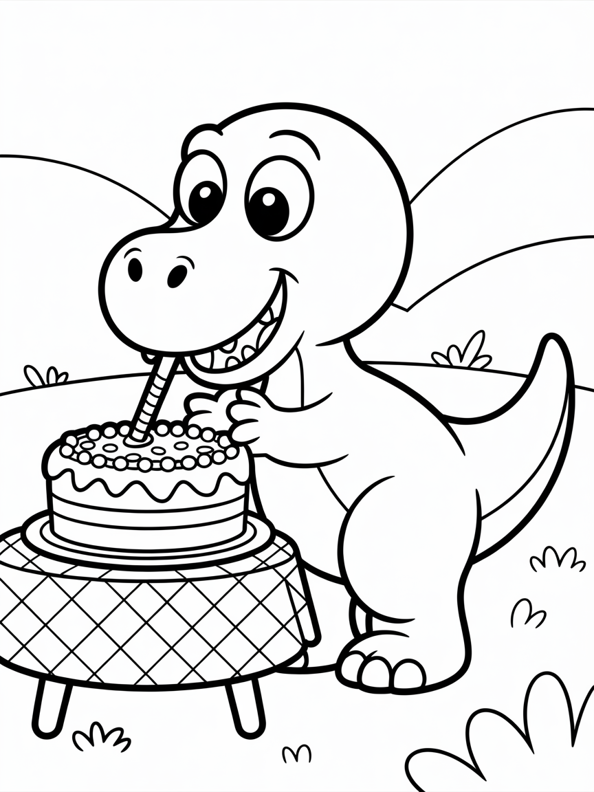Dinosaur eating cake - Free Coloring Page
