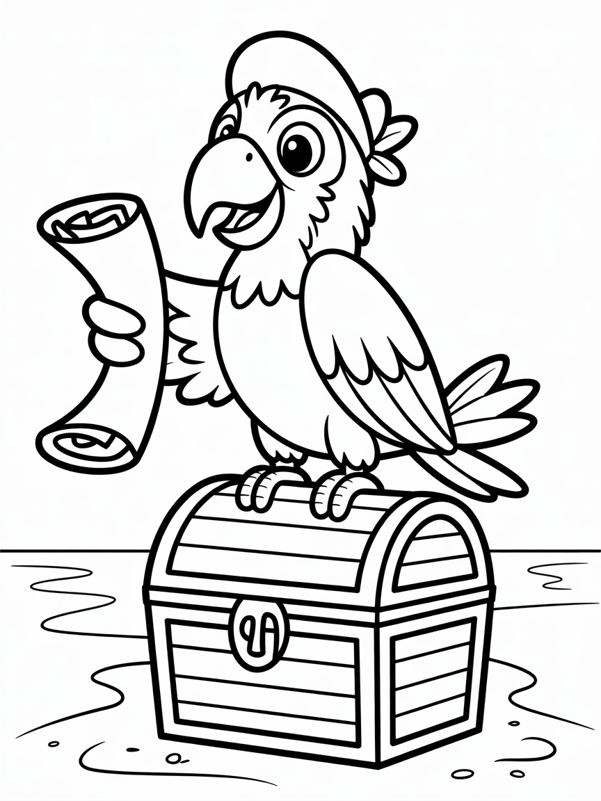 Pirate parrot with treasure map - Free Coloring Page
