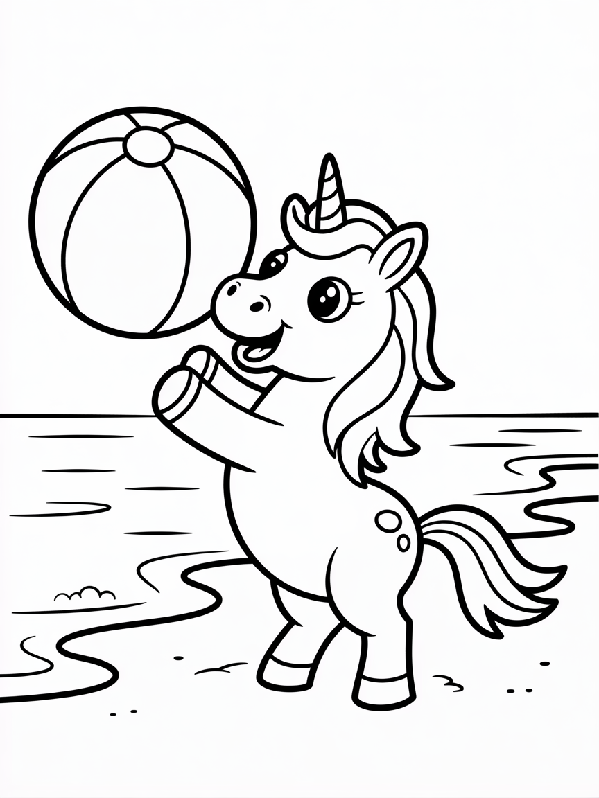 Unicorn at the beach popping a beach ball - Free Coloring Page