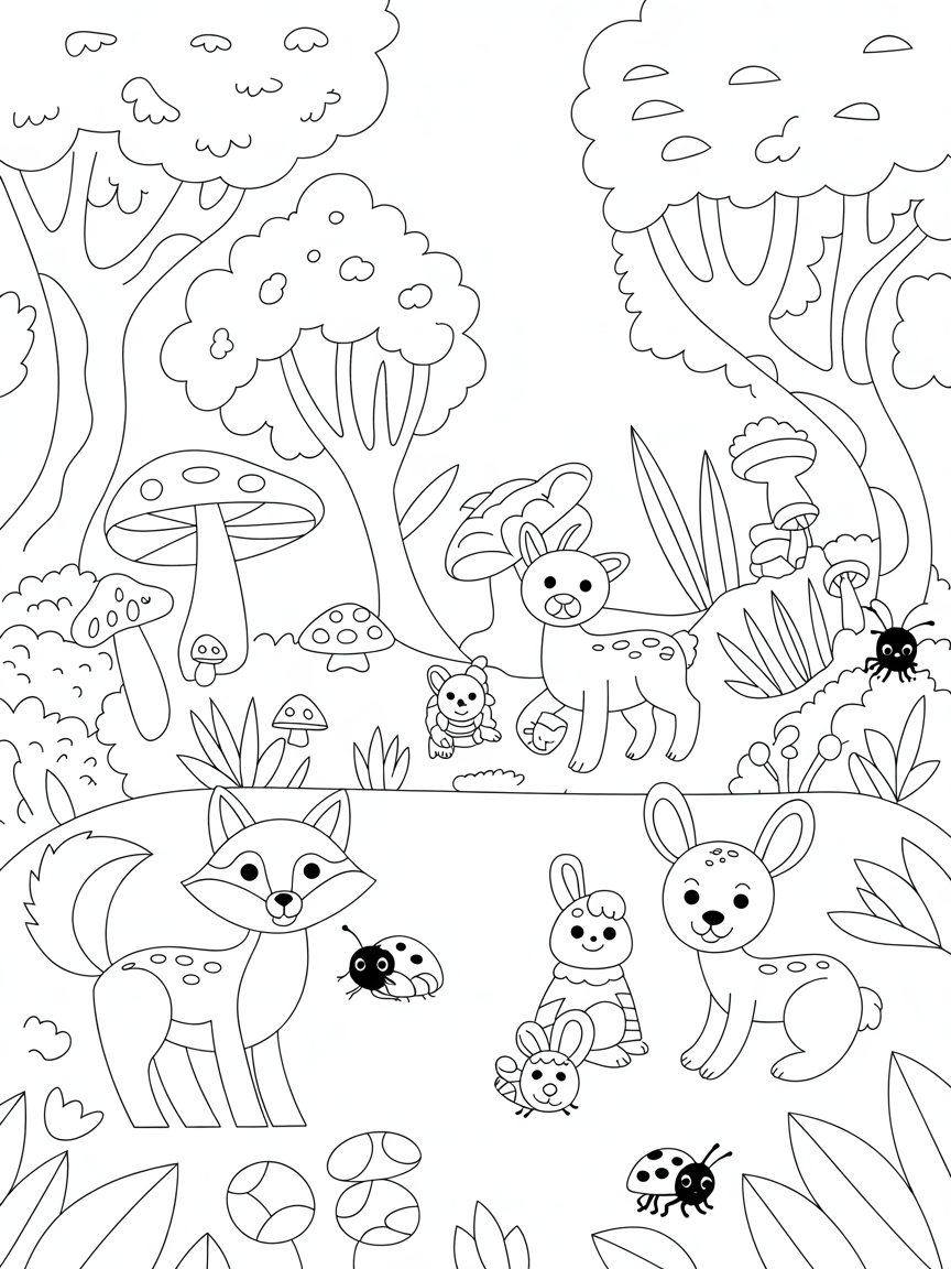 A beautiful wood forest with cute creatures , foxes ladybugs, deer etc, toadstalls mushrooms - Free Coloring Page