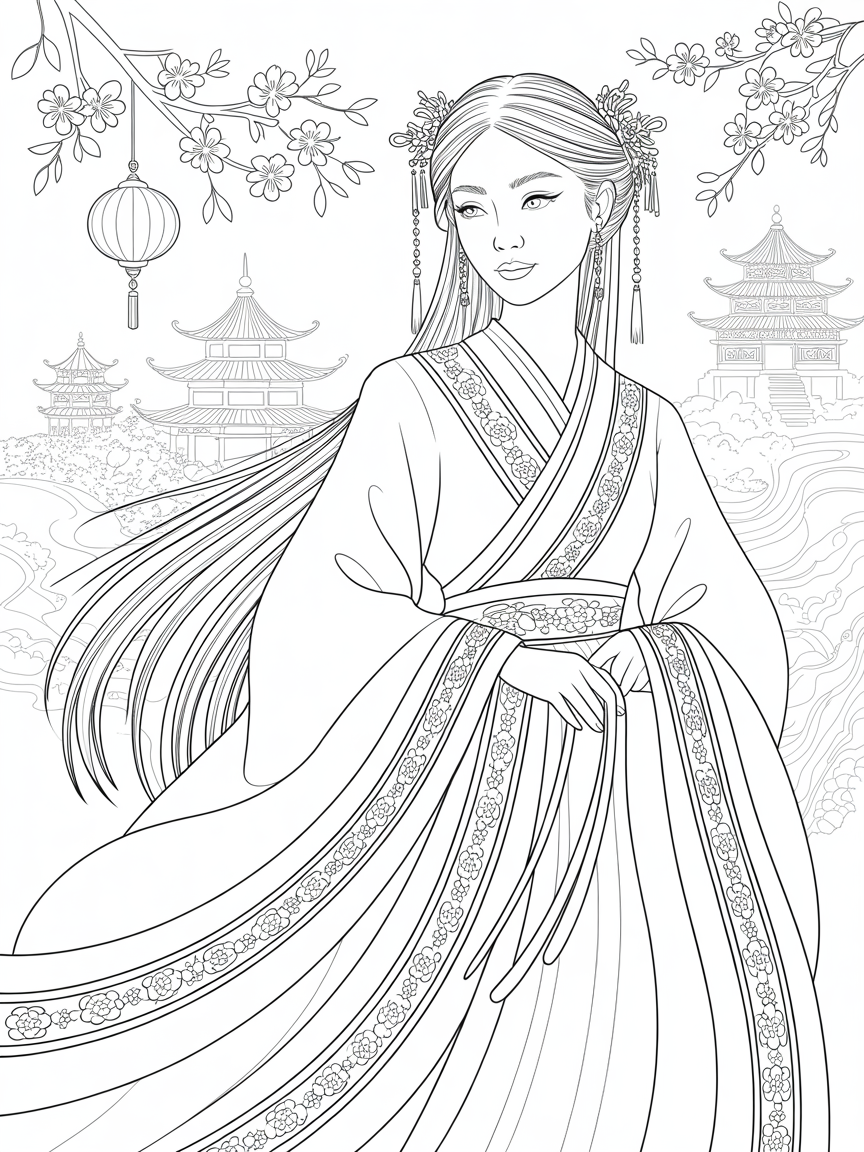 A beautiful Chinese woman , ancient china , wearing beautiful hanfu , - Free Coloring Page