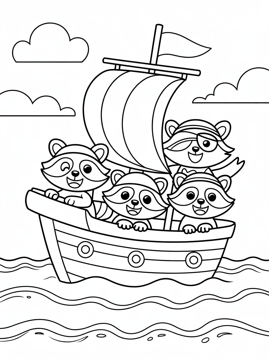 Pirate raccoons sailing a toy ship - Free Coloring Page