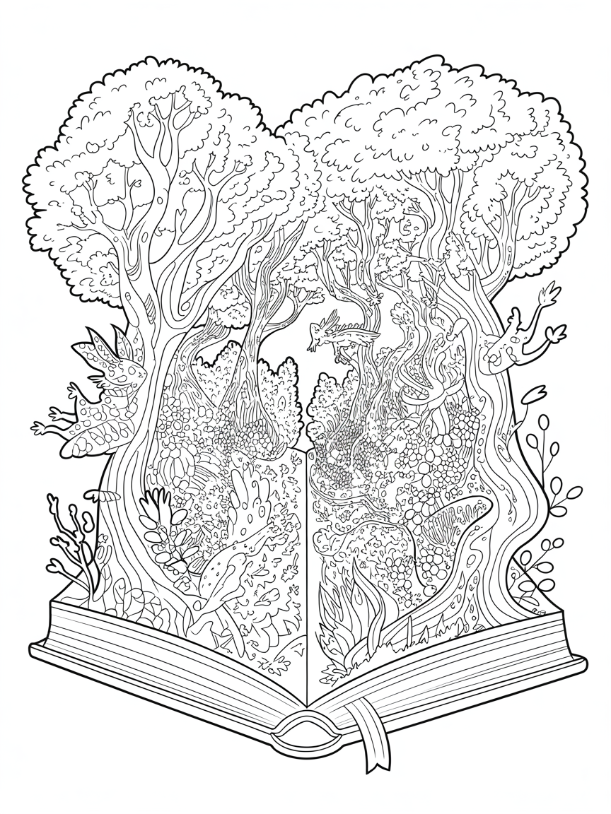 Beautiful book fantasy, fantasy coming out of a book - Free Coloring Page