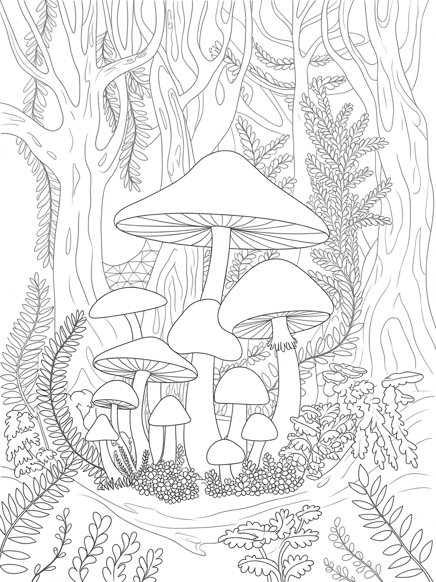 Mushroom and fantasy forest - Free Coloring Page