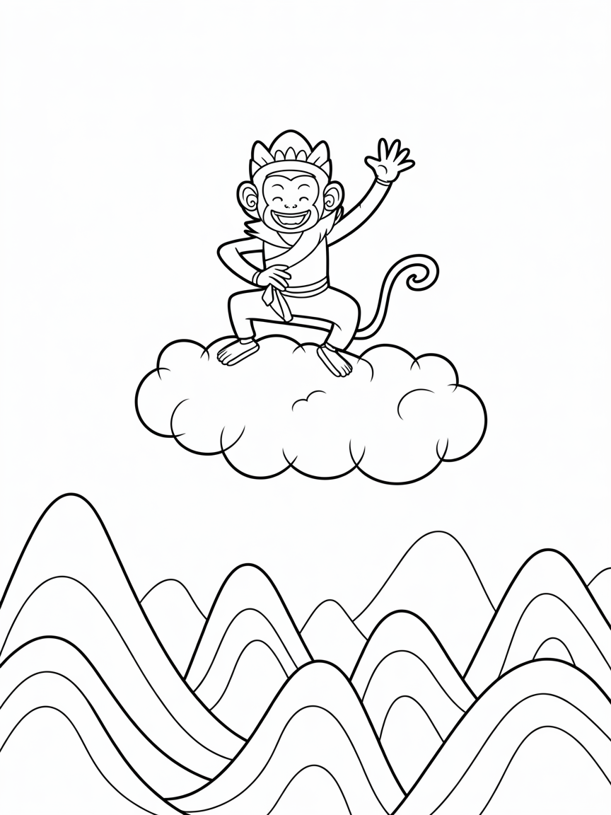 wukong standing on a cloud flying above mountains - Free Coloring Page