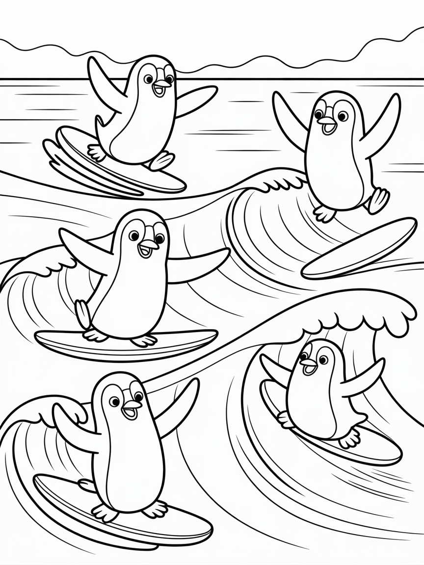 Surfing penguins riding giant waves - Free Coloring Page
