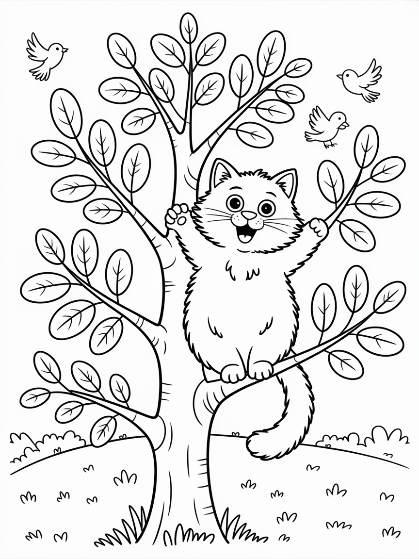 Cat up a tree - Free Coloring Page