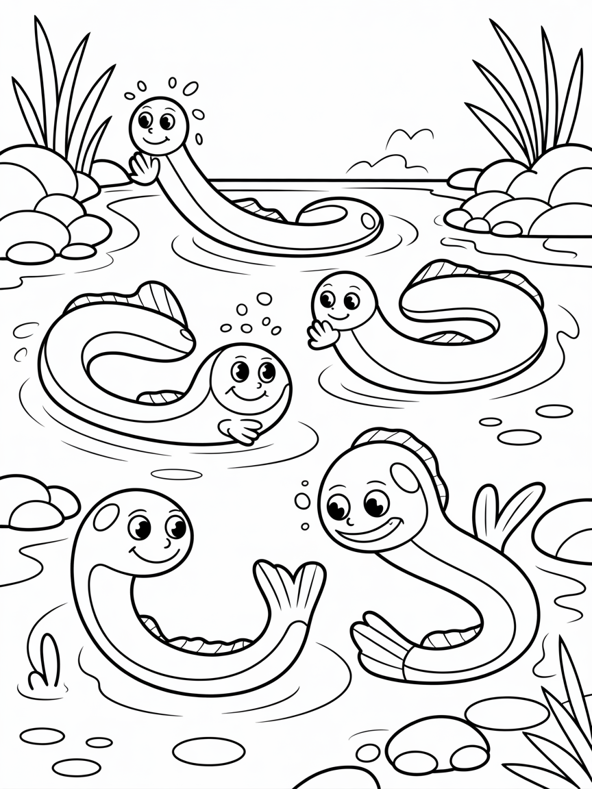 Eels in river - Free Coloring Page