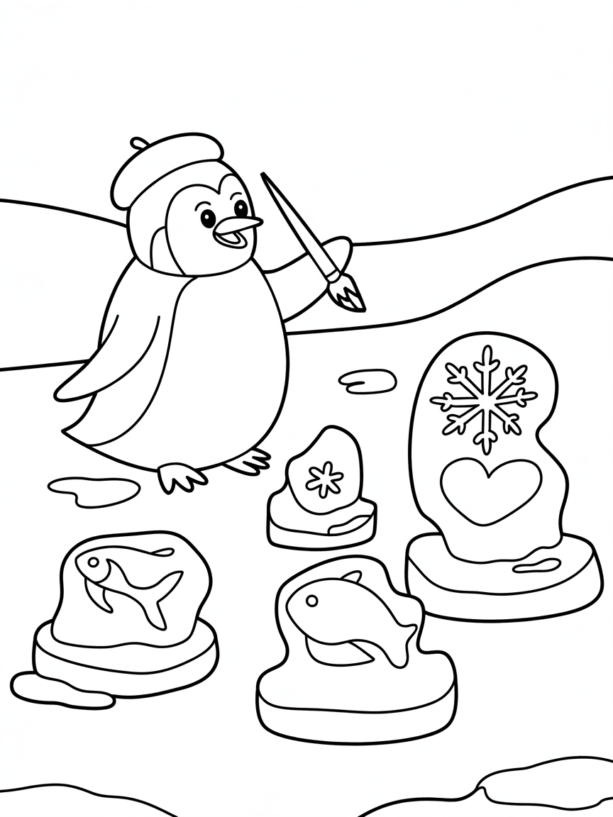 Penguin artist painting ice sculptures - Free Coloring Page