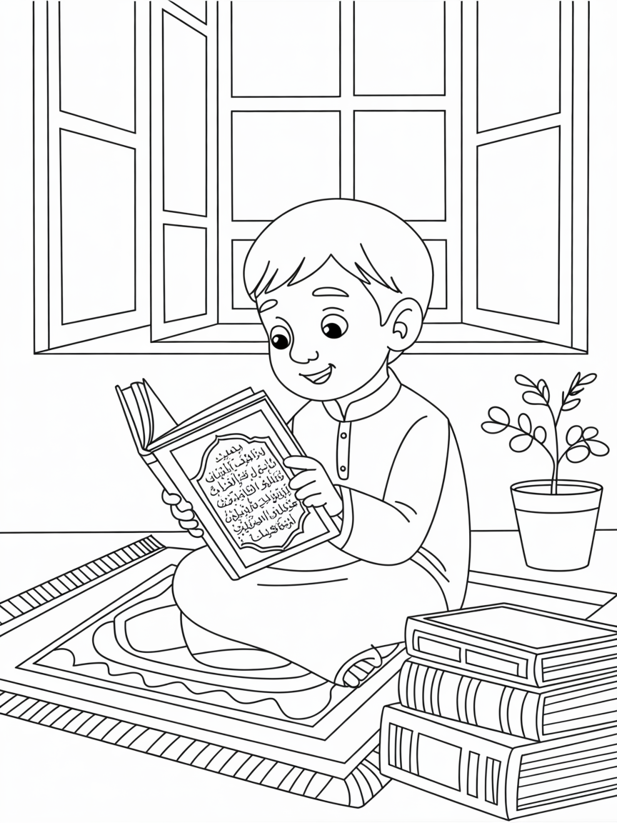 A boy memorising Quraan - Free Coloring Page