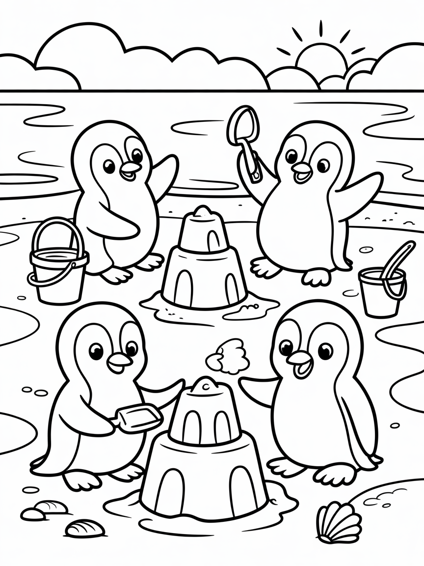 Penguins building sandcastles on beach - Free Coloring Page