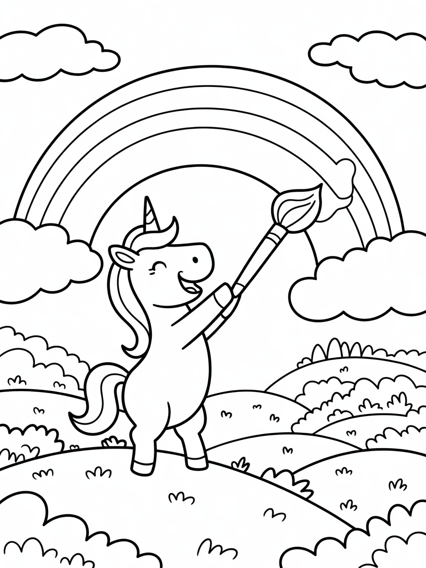 Unicorn painting a rainbow landscape - Free Coloring Page