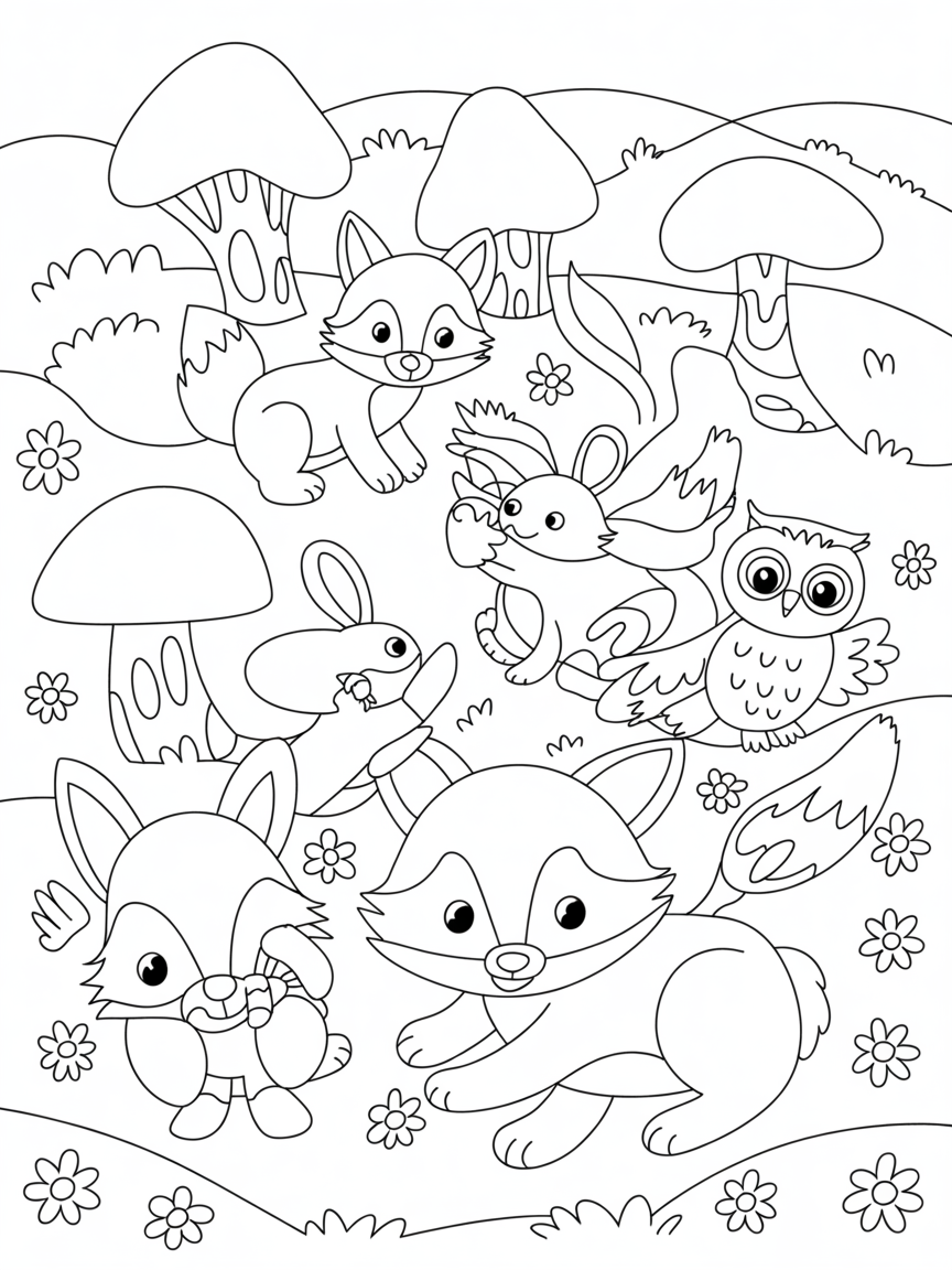 Woodland with foxes rabbits and other woodland animals - Free Coloring Page