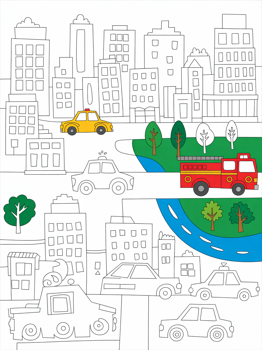 Landscape of a busy city - Free Coloring Page