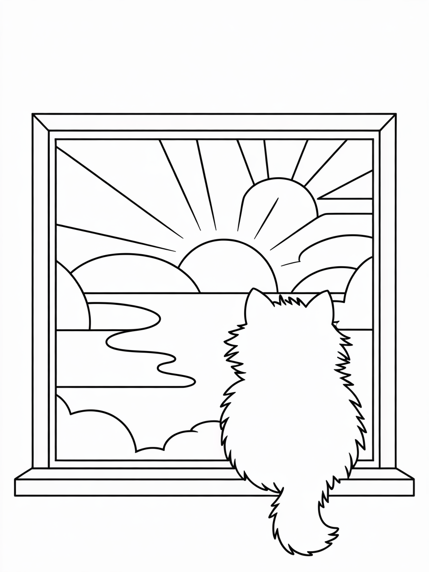 A cute cat watching the sunset by the window - Free Coloring Page