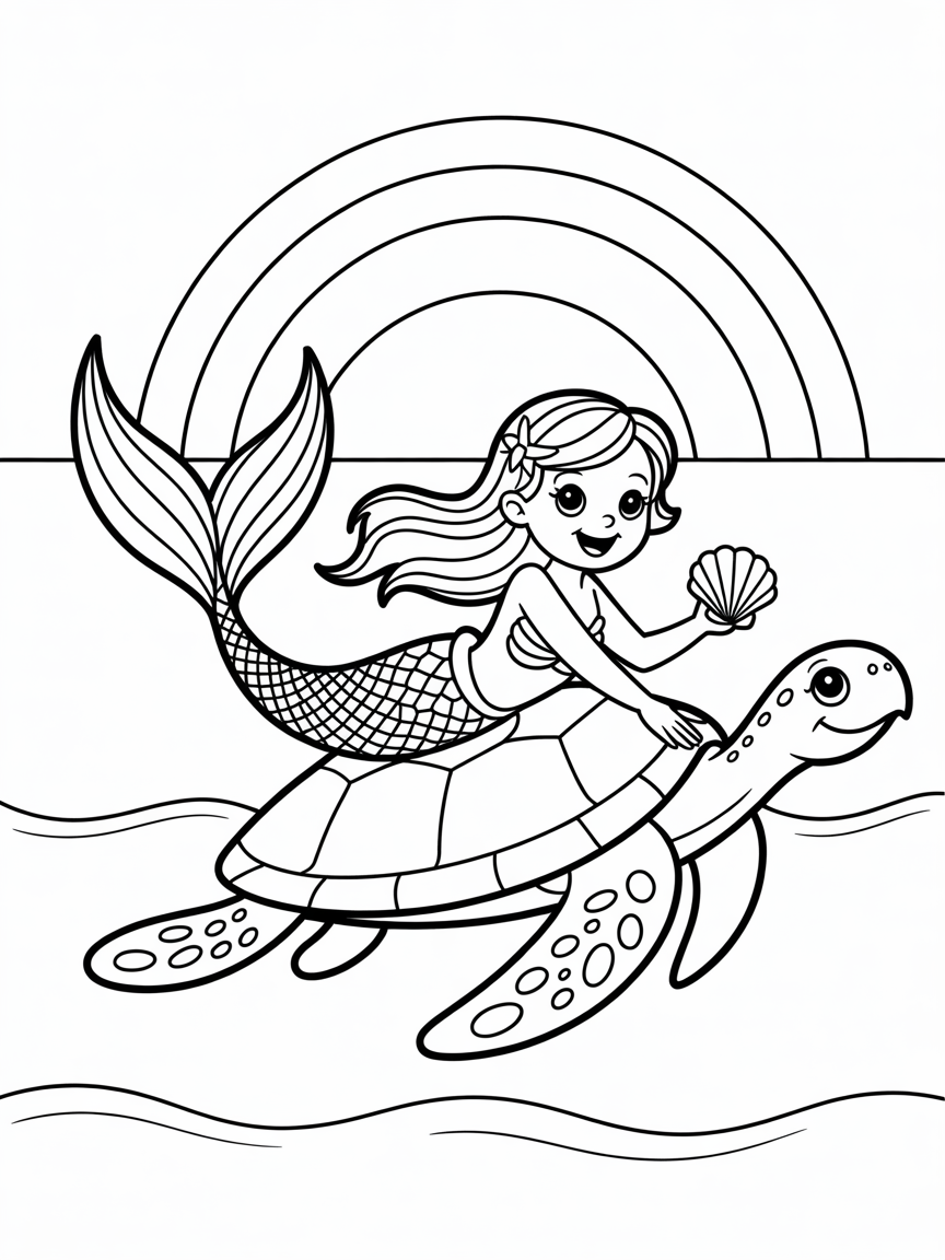Mermaid riding a rainbow sea turtle - Free Coloring Page