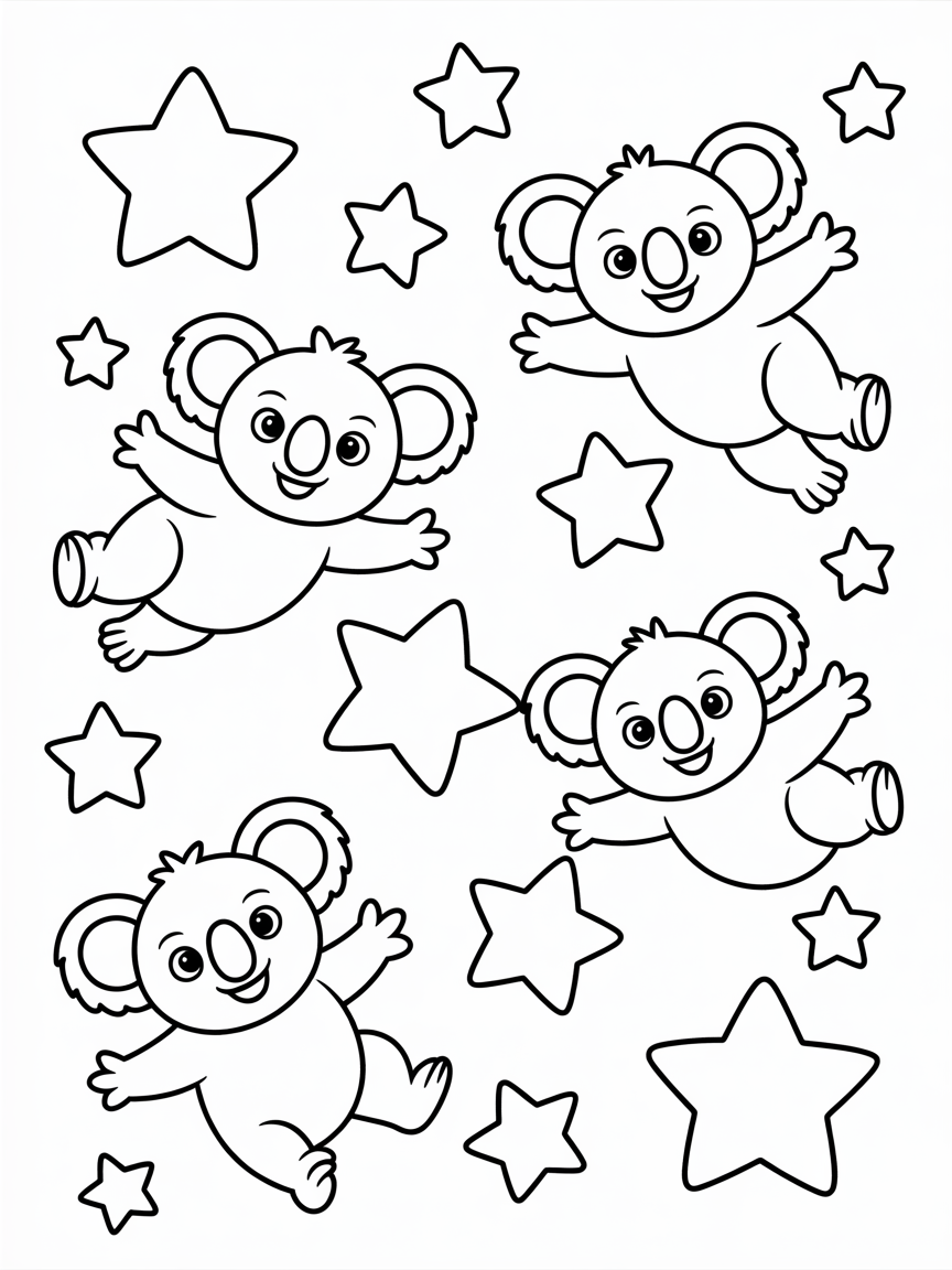 Space koalas floating among stars - Free Coloring Page