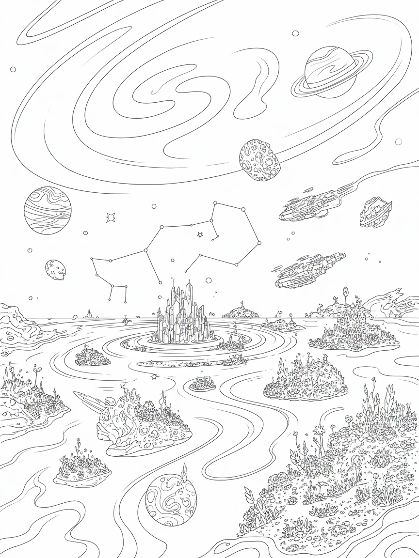 Magical universe in the space - Free Coloring Page