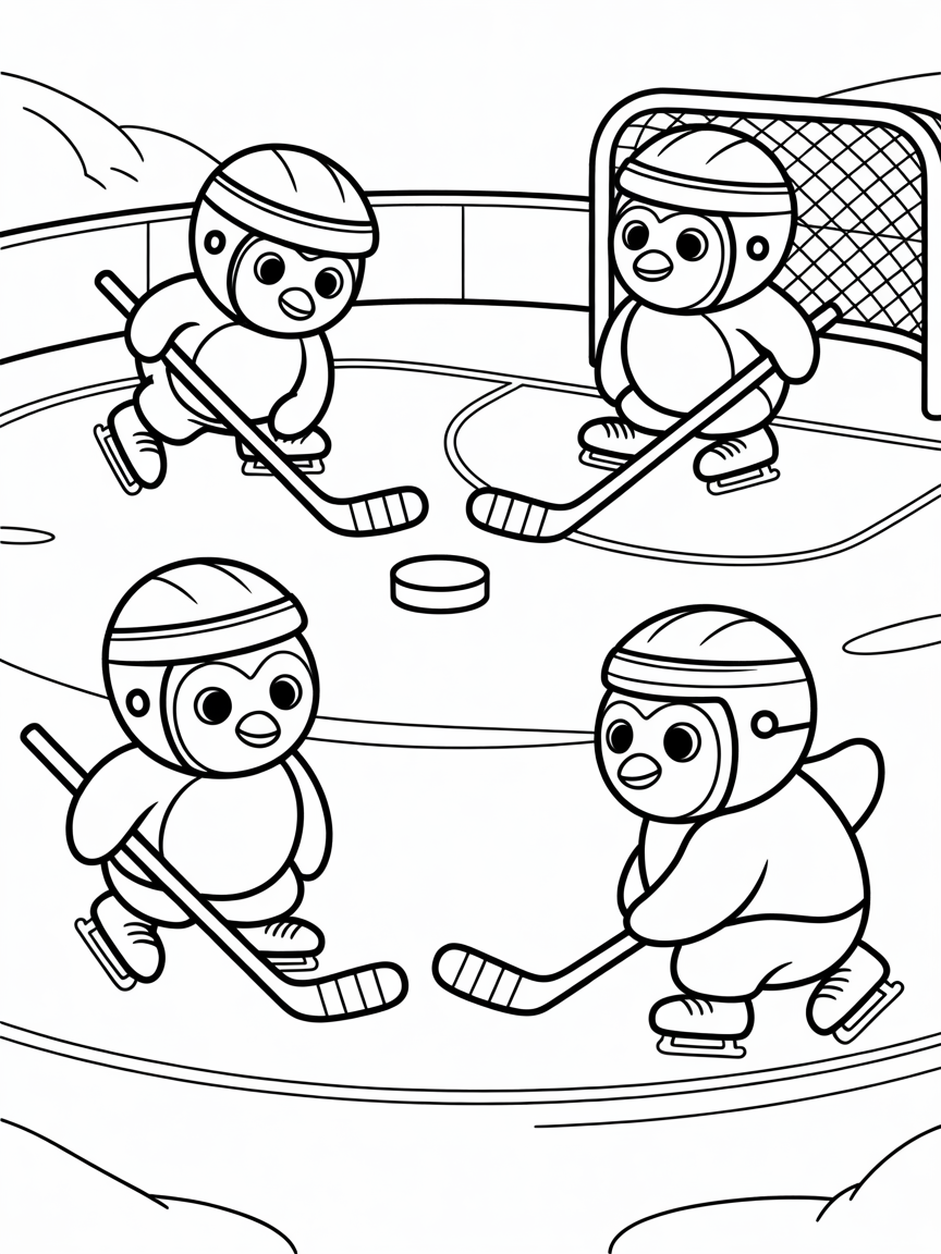 Space penguins playing ice hockey - Free Coloring Page