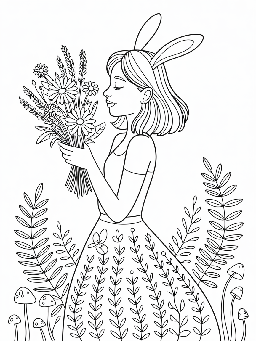 A girl holding flowers and having bunny ears - Free Coloring Page