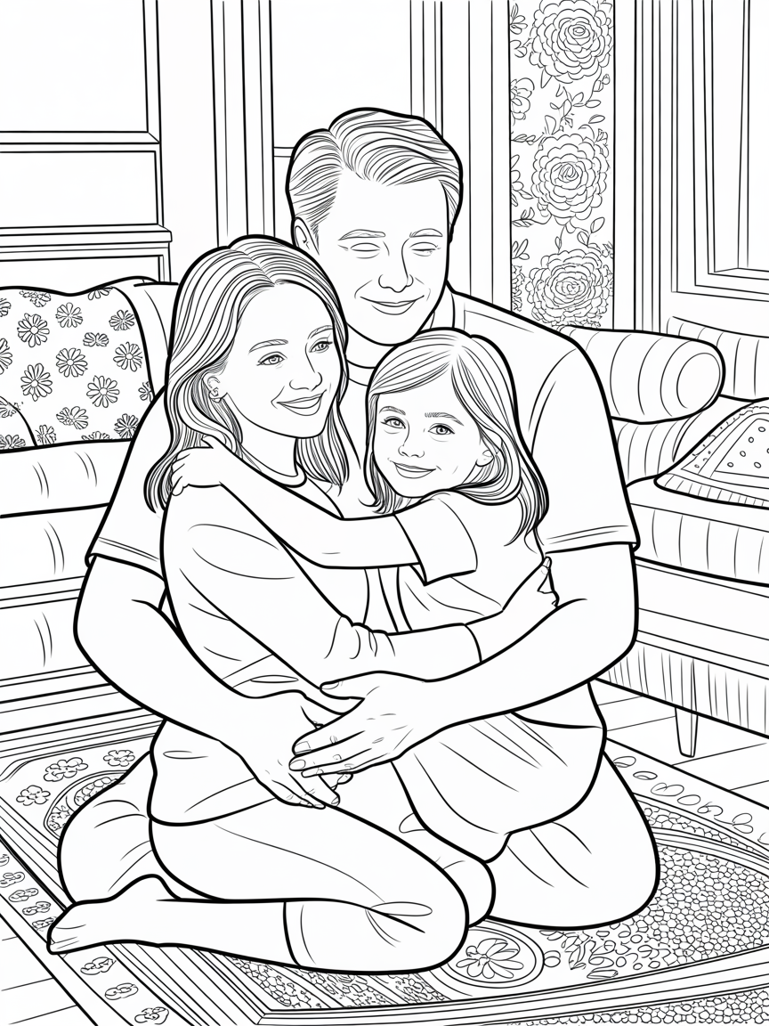 A father hugging his wife, and daughter - Free Coloring Page
