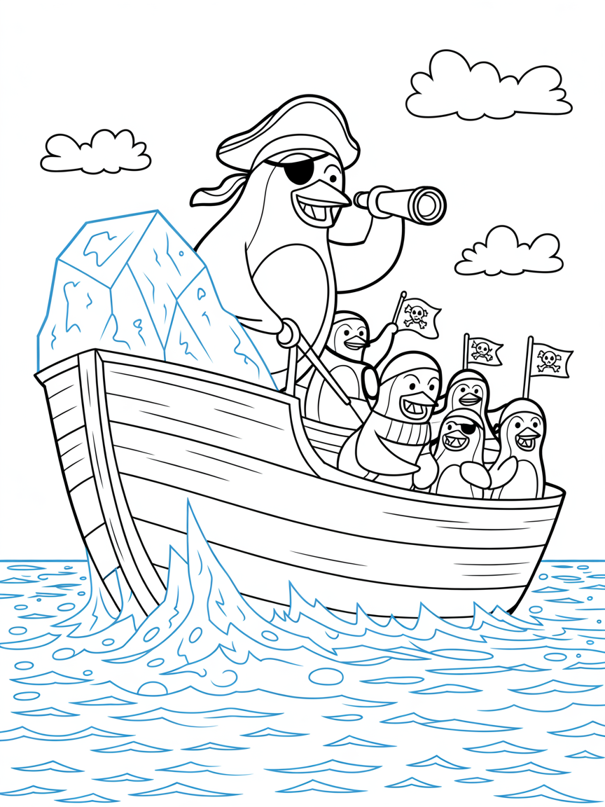 Pirate penguin sailing iceberg ship - Free Coloring Page
