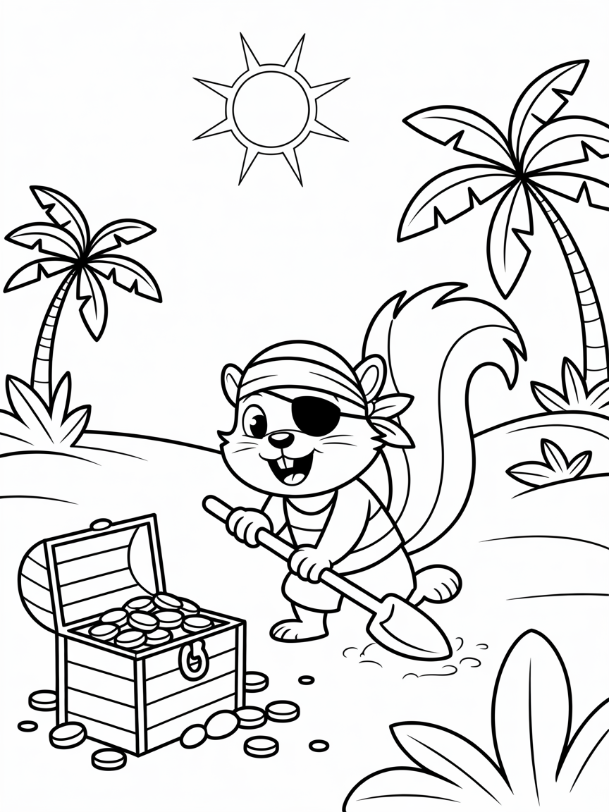 Pirate squirrel on a treasure hunt - Free Coloring Page