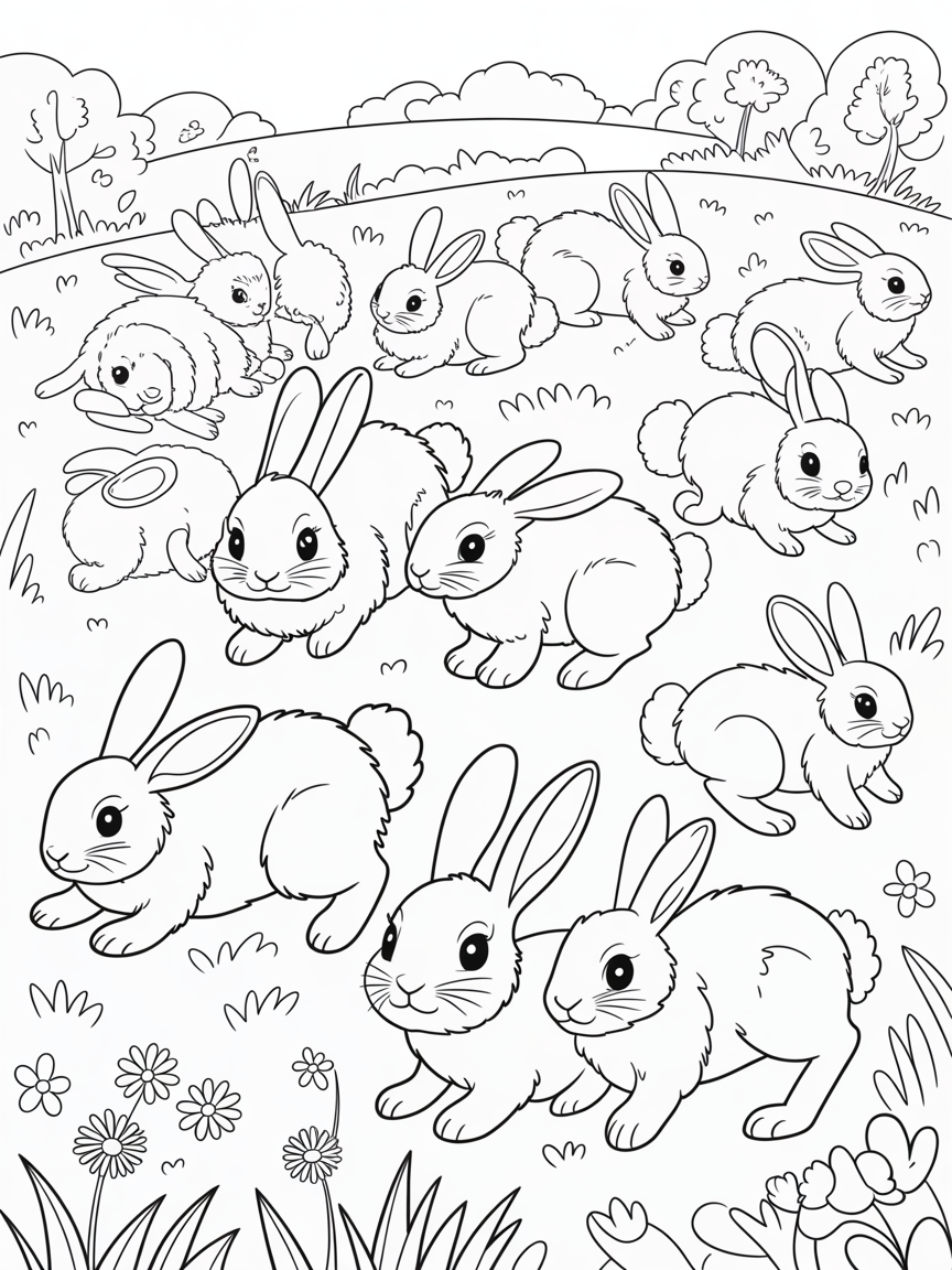 Bunny rabbits in a field. Young and old - Free Coloring Page