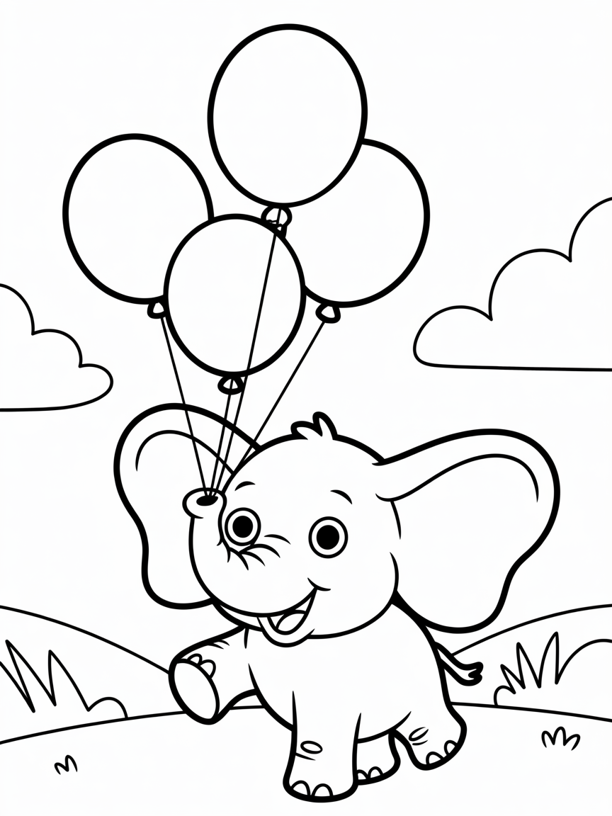 Elephant juggling rainbow-colored balloons - Free Coloring Page