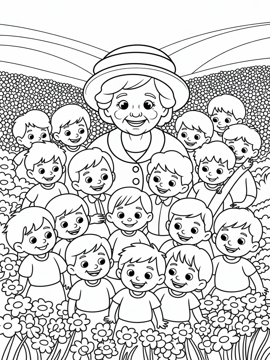 Grandmother with white hair and hat, wearing long sleeves and long dress, surrounded by 20 grandchildren of all ages, in a flowery field - Free Coloring Page
