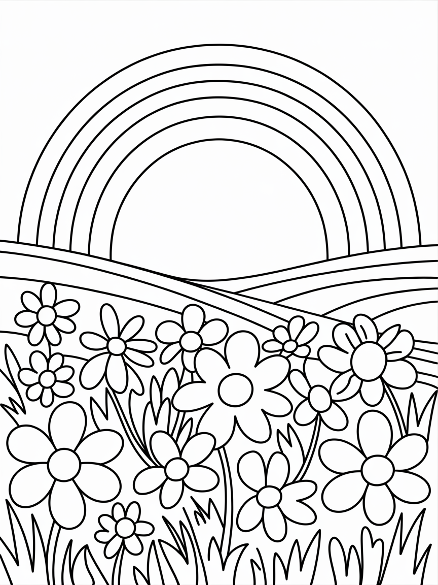 Flowers in grass with a big raninbow - Free Coloring Page