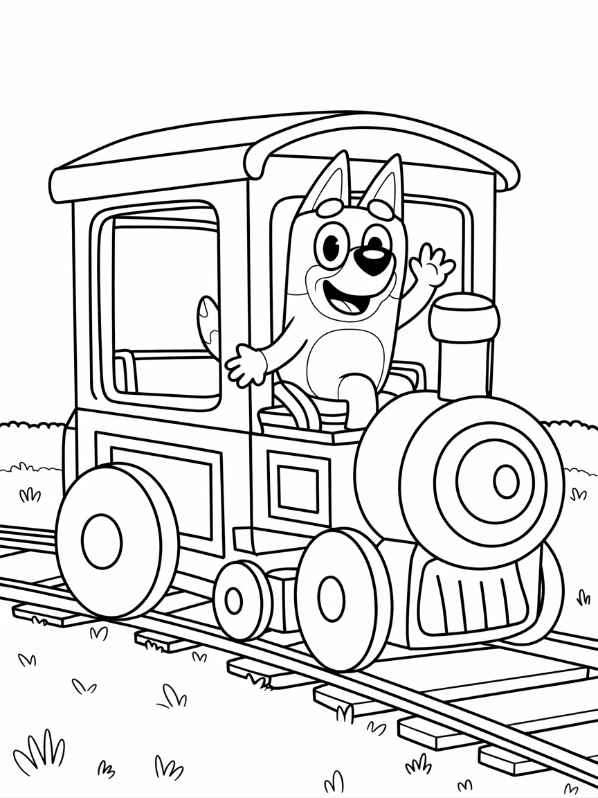 Bluey riding train - Free Coloring Page