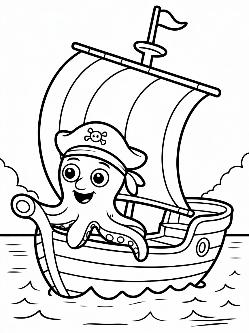 Pirate octopus steering a ship - Free Coloring Page
