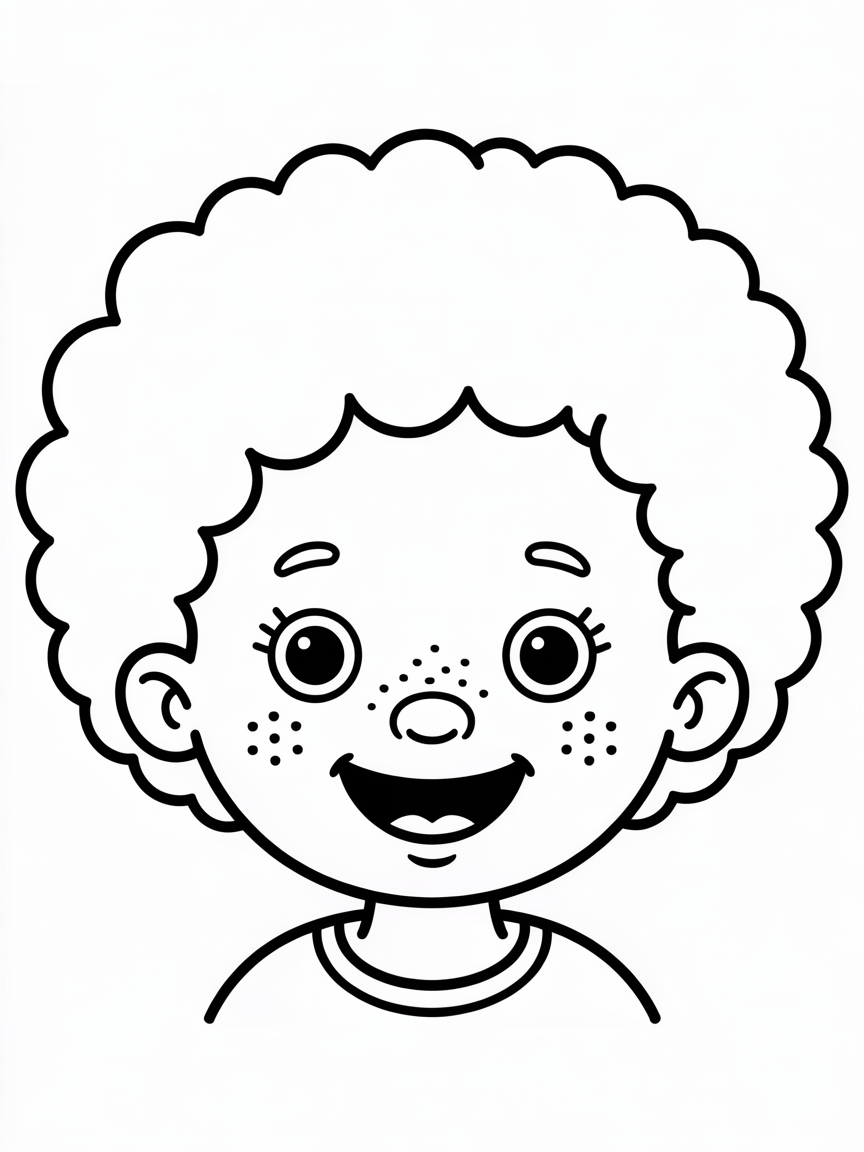 Girl with big curly hair and a wide smile she looked very happy it’s just a head shot she has freckles - Free Coloring Page