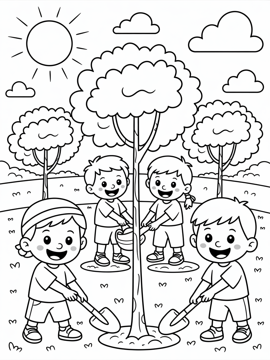 Planting trees - Free Coloring Page