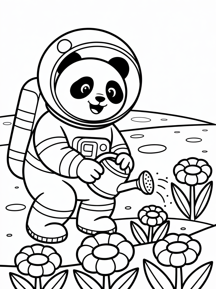 Panda astronaut planting moon flowers - Free Coloring Page