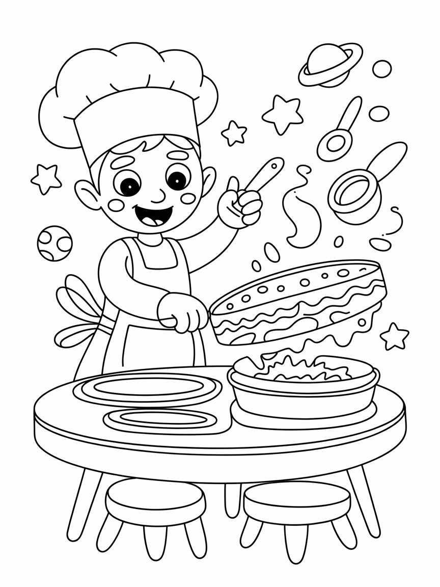Alien chef cooking in outer space - Free Coloring Page