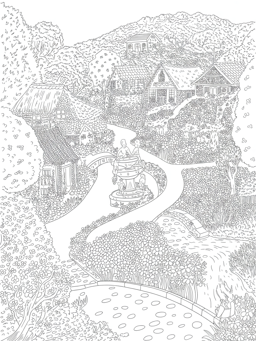 Greenary village - Free Coloring Page