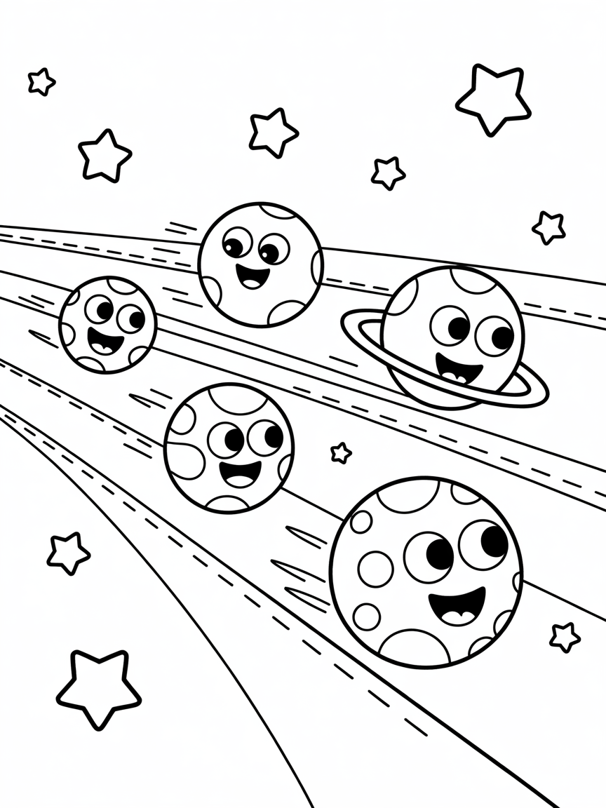 Spaceship race with smiling planets - Free Coloring Page
