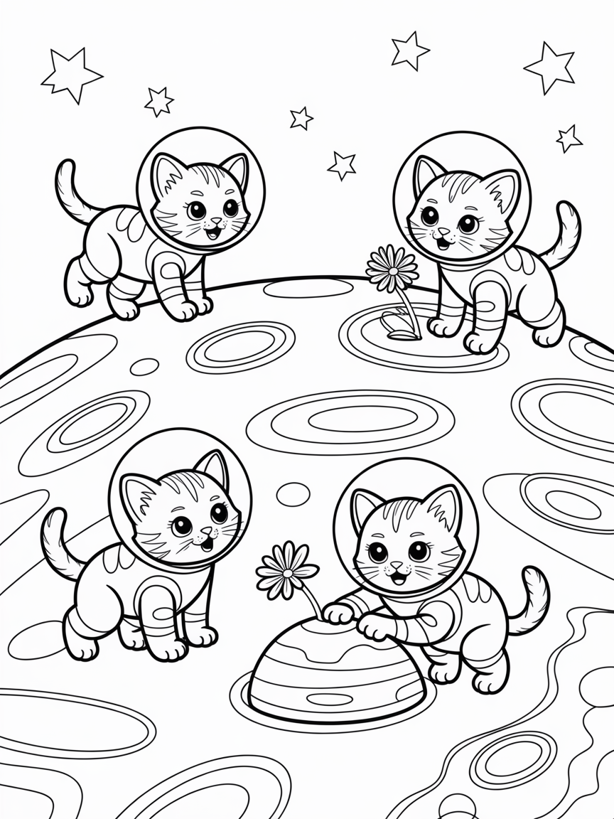 Space kittens exploring a rainbow planet - Free Coloring Page