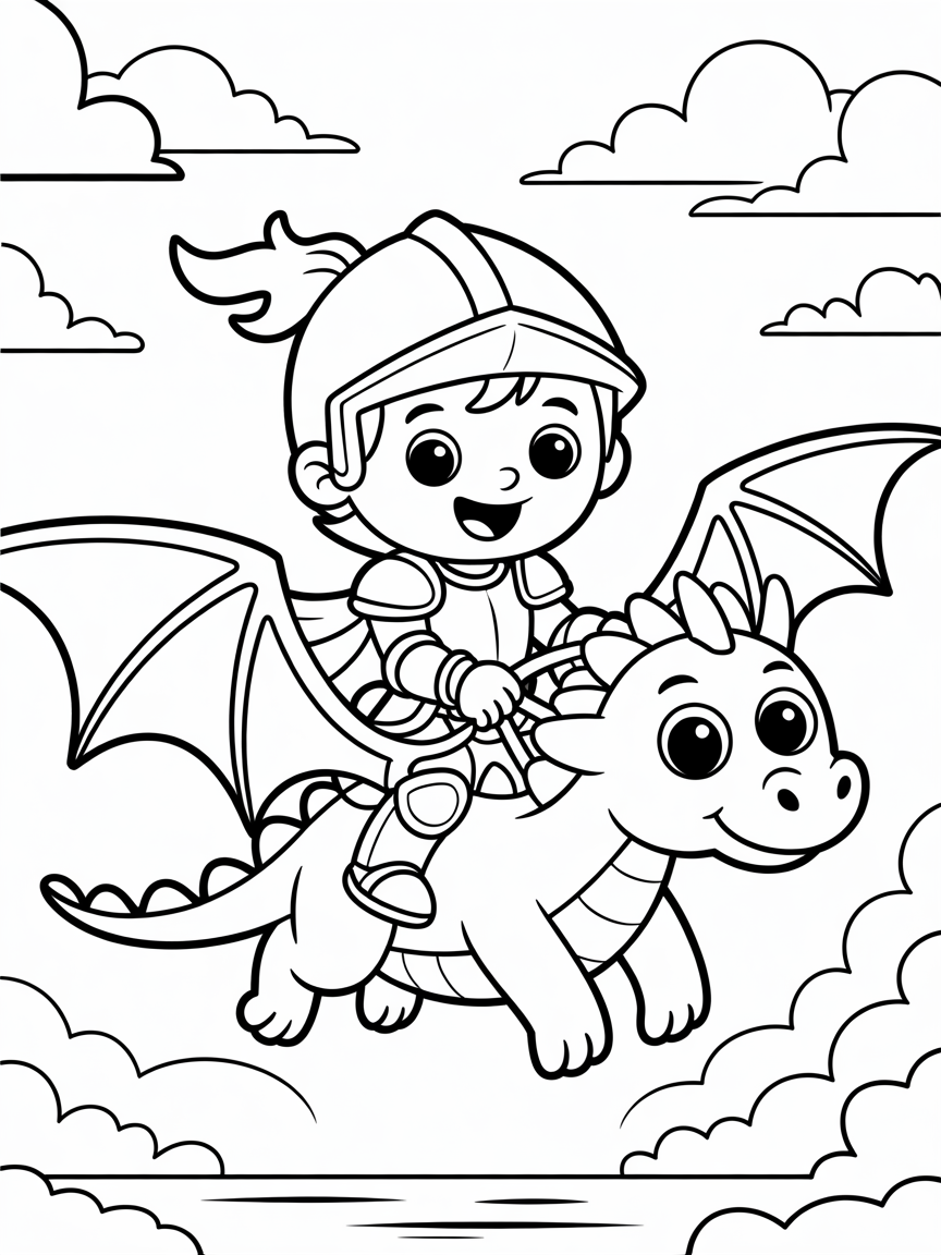 A 4 years old knight flying a kind dragon - Free Coloring Page