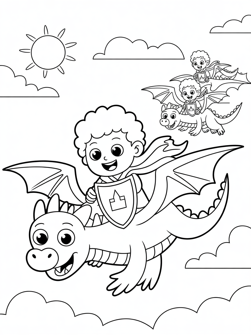 A 4 years old knight with curly hair to the top of his back, flying a kind dragon. The knight is holding a shield with a castle escutcheon on it. There are other dragons in the sky with riders in their backs too - Free Coloring Page