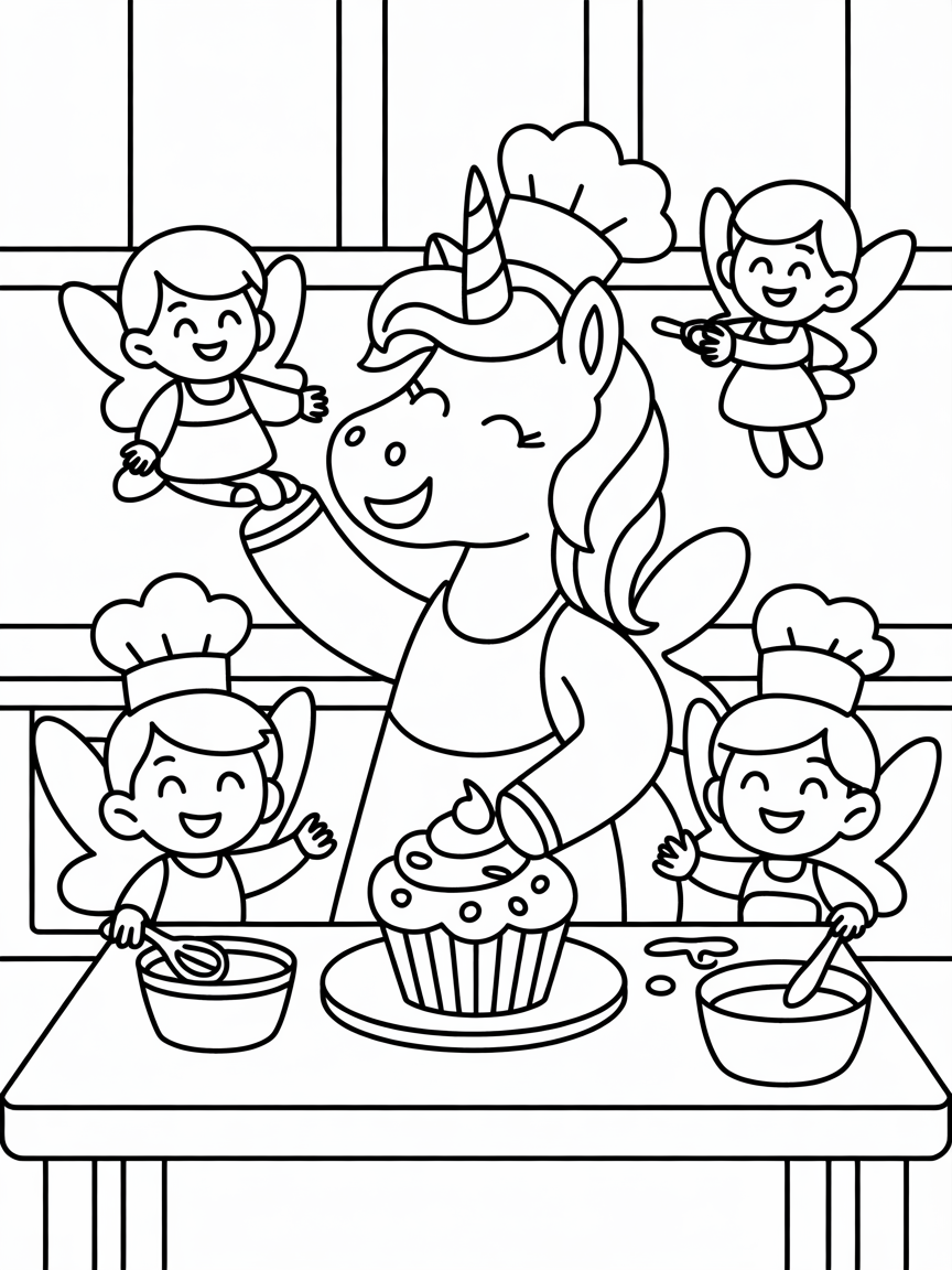 Unicorn baking cupcakes with fairies - Free Coloring Page