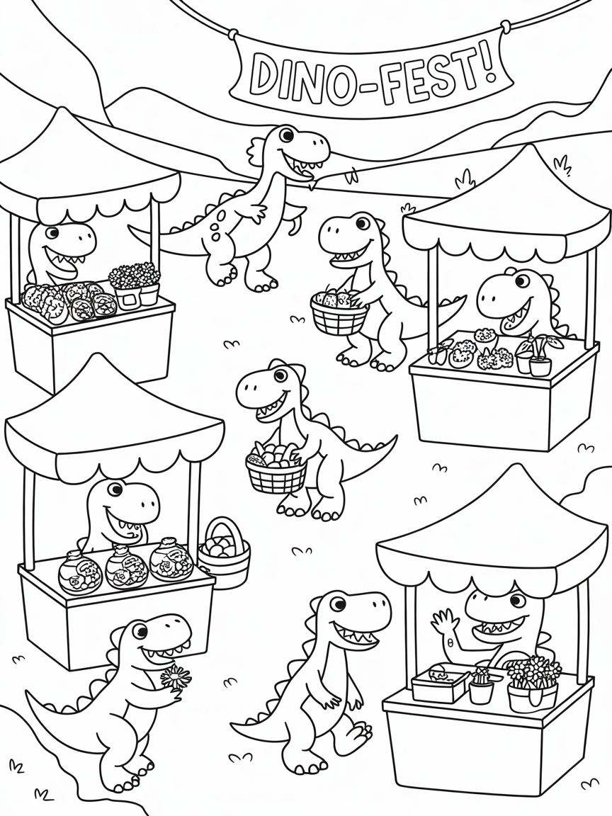 Dinosaur marketplace and festival - Free Coloring Page