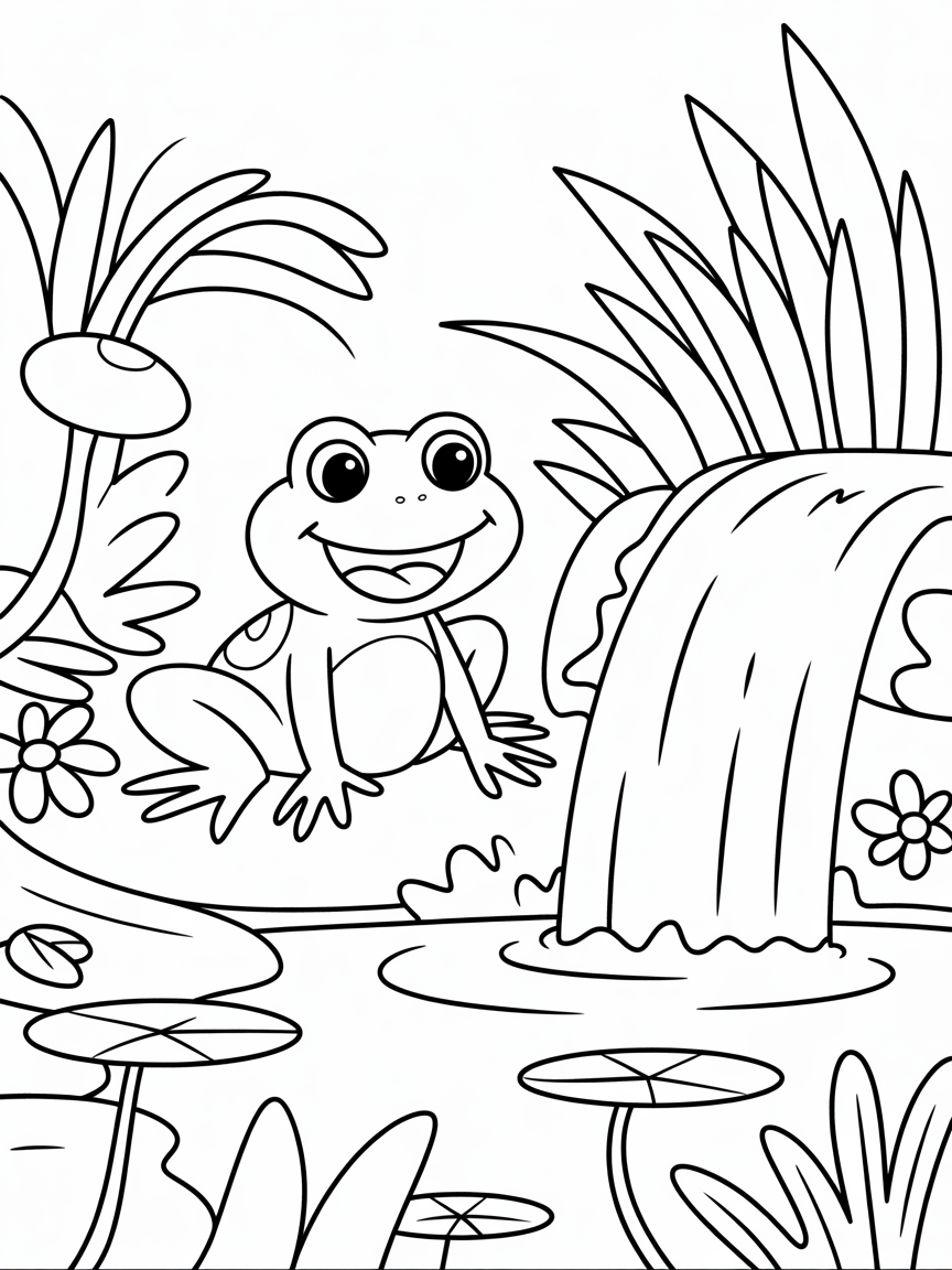 Frog in a waterfall paradise - Free Coloring Page