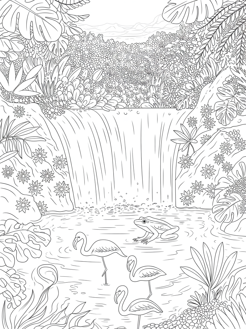 Frog in a waterfall paradise lots and lots of detail, really realistic frog, flamingos - Free Coloring Page