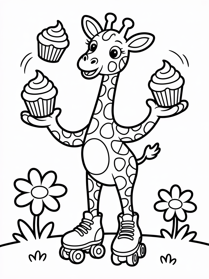 Giraffe on roller skates juggling cupcakes - Free Coloring Page