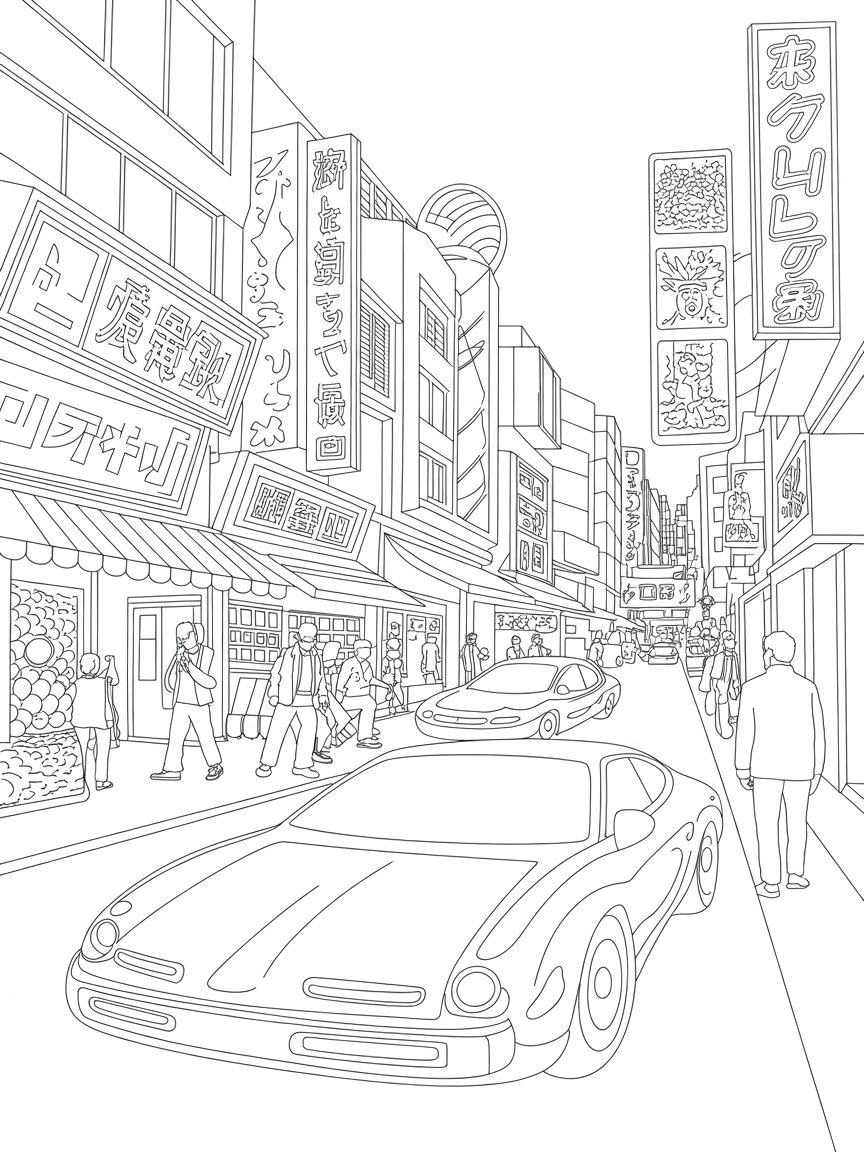 Sci fi retro tokyo streets - Free Coloring Page